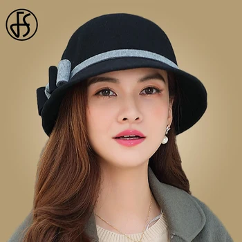 

FS Women Girls Vintage Wool Fedoras Black Wine Red Camel Felt Bowler Derby Fedora Trilby Hat Cap With Bowknot