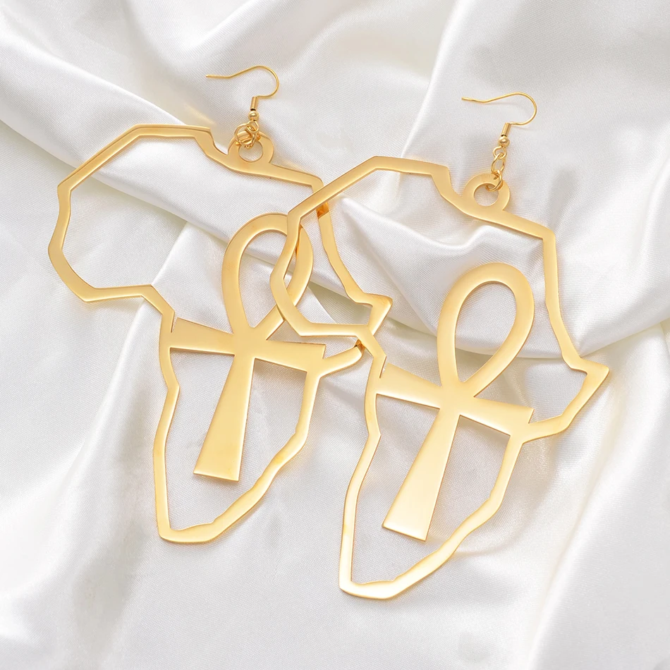 Anniyo African Map Big Ankh Earrings Exaggerate Larger Earring Africa Egypt Nile Key Traditional Ethnic Hyperbole  #154721 4
