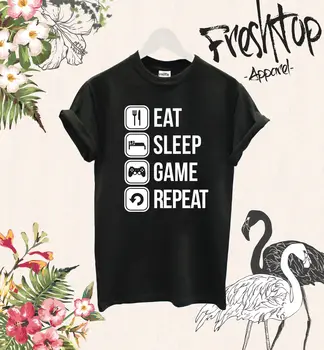 

Eat Sleep Game Repeat T Shirt Twitch Youtube Gamer Play CS Go MMO RPG Gameboy Summer 2017 Short Sleeve Plus Size T-shirt