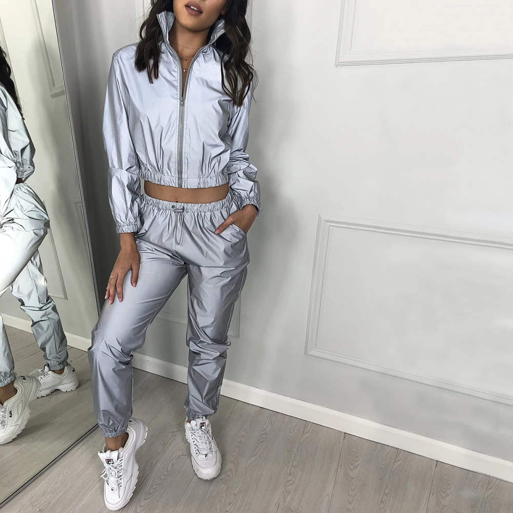 Осень Conjunto Feminino одежда для отдыха комплект из двух предметов уличная Женская Светоотражающая одежда Вечерние наряды для ночного клуба