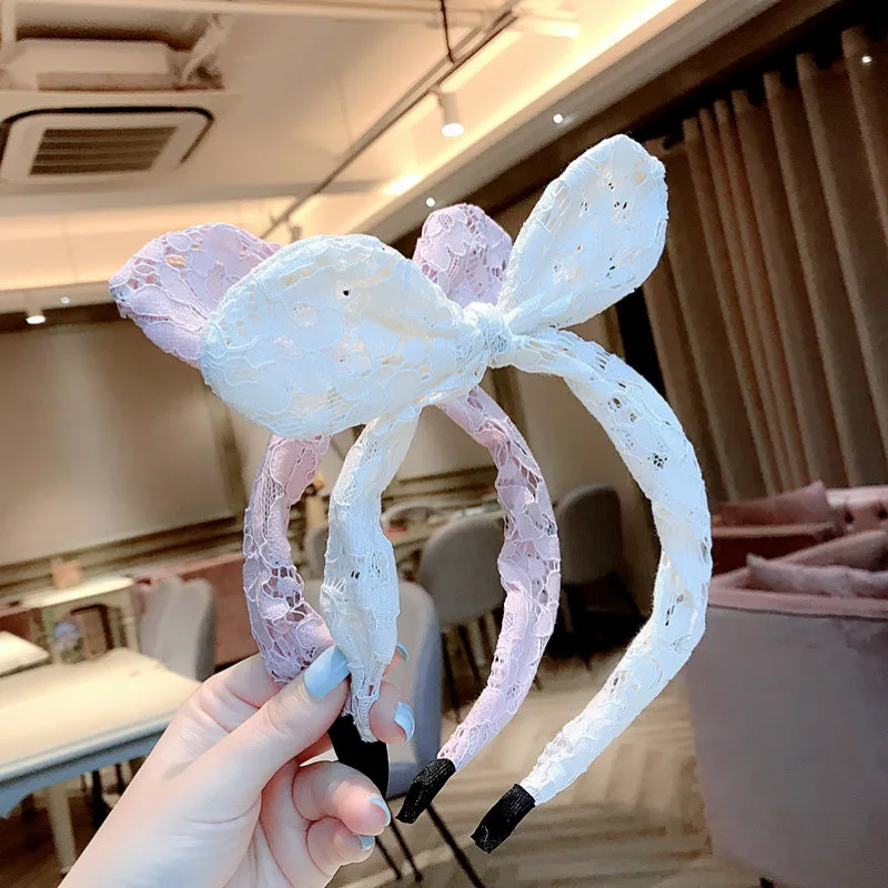 Корейский стиль Мори Девушка ободки Кружева розовый кролик уши ободок с бантиком для женщин модные аксессуары для волос