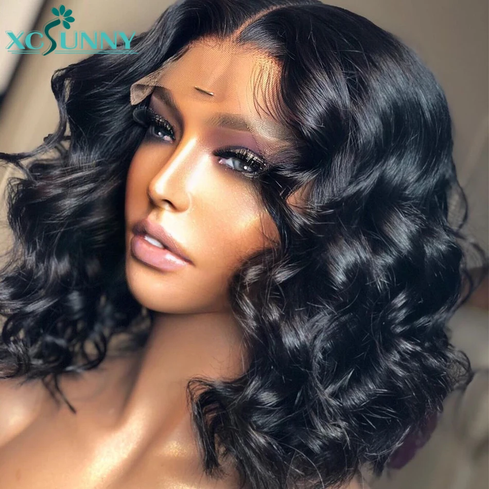 Short Bob Human-Hair-Wigs Scalp-Top Lace-Front Deep-Wave Xcsunny 4x4 Closure Pre-Plucked