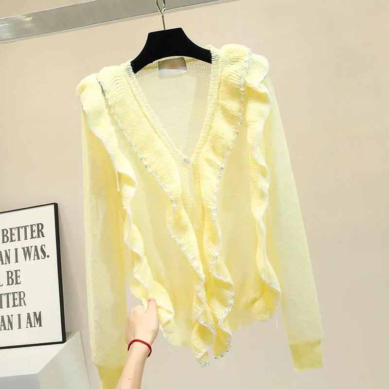 Woman's Sweaters New Ruffle V-neck Spring Autumn Female Coat Cardigan Ladies Ruffles Knitted Cardigans Woman's Sweaters New Ruffle V-neck Spring Autumn Female Coat Cardigan Ladies Ruffles Knitted Cardigans