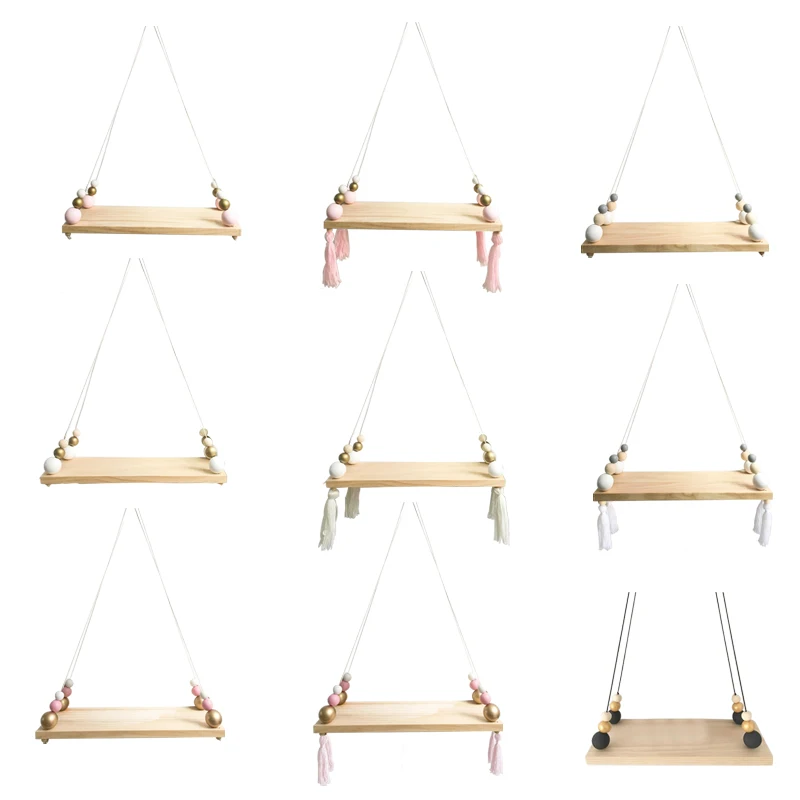 

INS Nordic Style Home Decorations Wooden Storage Display Shelf Log Pine Wood Bead Shelves Hanging Stand for Kids Room Decorative