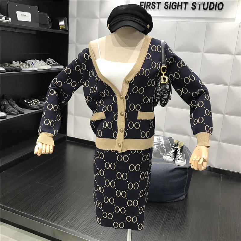 

Autumn Winter Elegant Women Knitting Jacket + Skirt Suits V-neck Geometric Pattern OL Fashion Knit Outfit