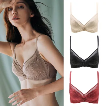 

Women Soft Deep-v Thin Lace Wireless Pure Color Special Design For Small Chest Push Up Gathered Intimate Bra Adjustable Strap