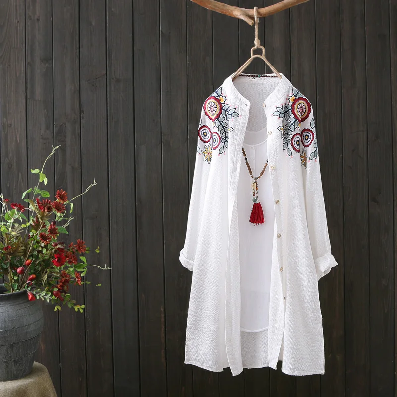 white long sleeve top Women White Shirt 100% Cotton Embroidery Long Sleeve Button Up Blouse 2020 New Fashion Loose Top Office Lady Casual Wear satin blouse Blouses & Shirts