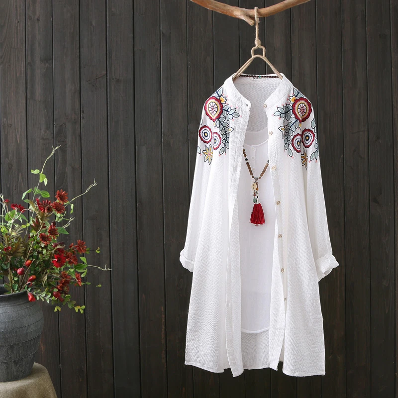 white long sleeve top Women White Shirt 100% Cotton Embroidery Long Sleeve Button Up Blouse 2020 New Fashion Loose Top Office Lady Casual Wear satin blouse