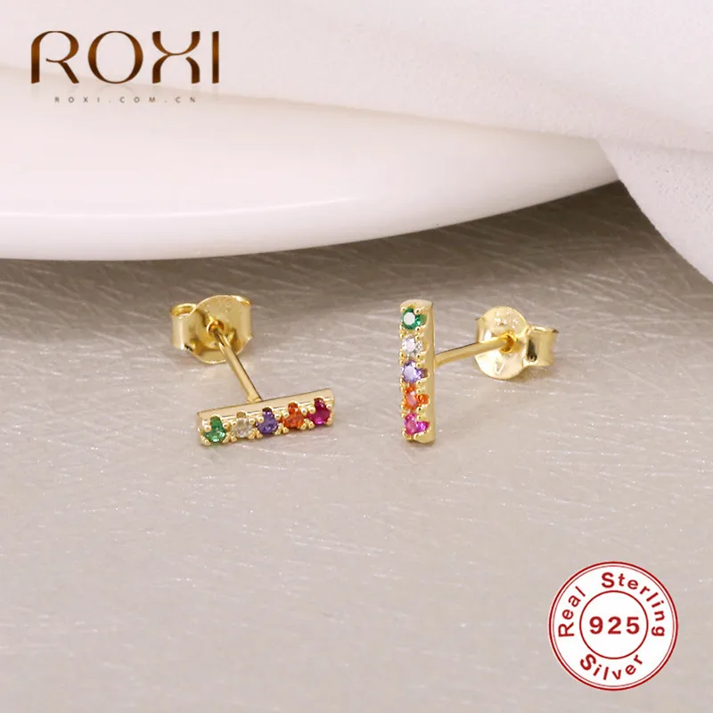 ROXI минималистичные 925 пробы серебряные серьги-гвоздики золотые разноцветные CZ радужные серьги с кристаллами для женщин модные ювелирные изделия подарок