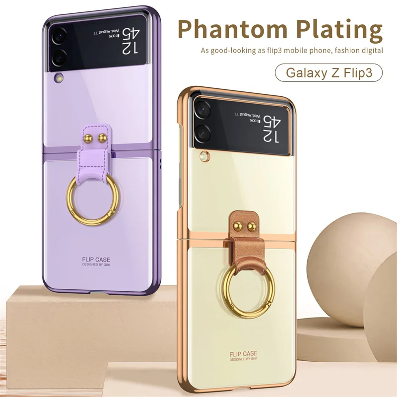 

Роскошный чехол с кольцом-держателем с покрытием для Samsung Galaxy Z Flip 3 5G, прозрачный чехол для телефона с гальванической рамкой, жесткая прозрачная задняя крышка