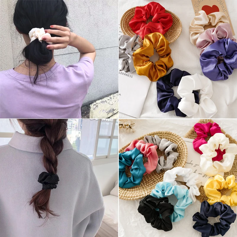 New Satin Silk Solid Color Hair Rope Ponytail Ties Scrunchie Fashion Women Elastic Band Hairband Girl Accessories |