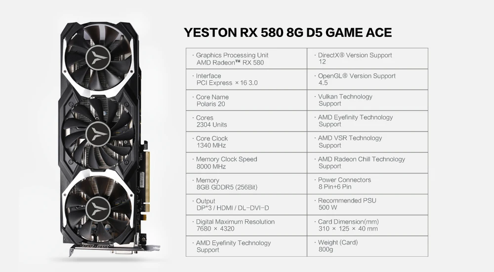Yeston Radeon RX580 8 ГБ GDDR5 PCI Express x16 3,0 видеоигровая видеокарта внешняя видеокарта для рабочего стола