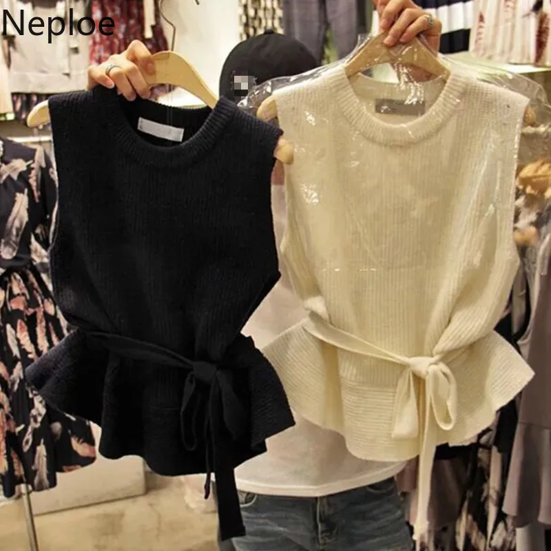 Neploe корейский Трикотажный жилет без рукавов с круглым вырезом Женский