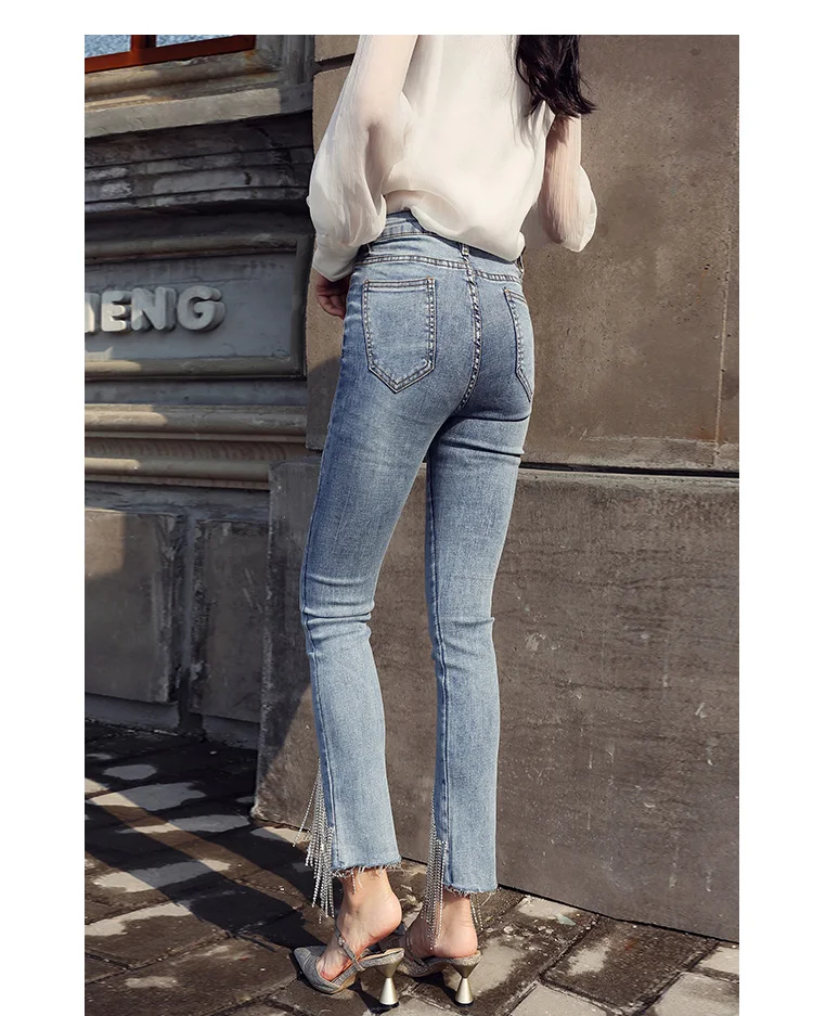 Осенние леггинсы больших размеров 3XL, эластичные леггинсы с высокой талией, украшенные бисером и кисточками, узкие джинсовые штаны для женщин, новая модная уличная одежда