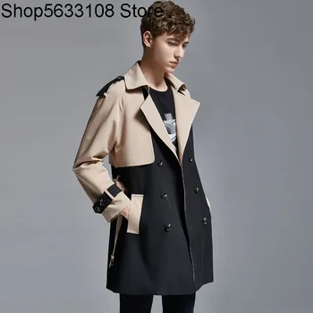 

Spell Color Windbreaker Male Long Sleeve 2020 Autumn Handsome Double Row Buckle Coat Big Code 1178