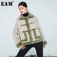 [EAM] Свободная куртка из овечьей шерсти с карманами и разрезом большого размера, новинка, Женское пальто с отворотом и длинным рукавом, модное пальто, Осень-зима, 1K556