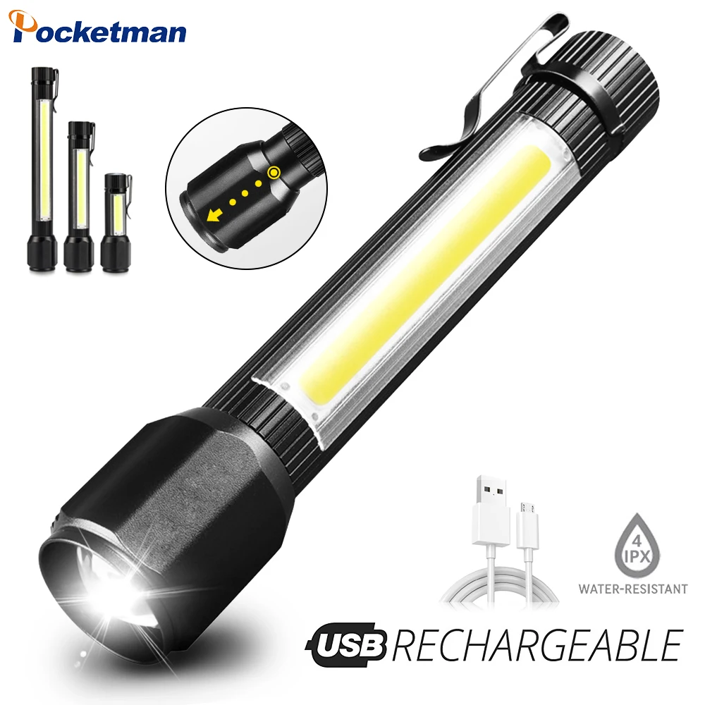 

LED Flashlight Rechargeable USB Portable Handheld Light With Side Light Waterproof Zoom Hunting Camping Lamp Outdoor