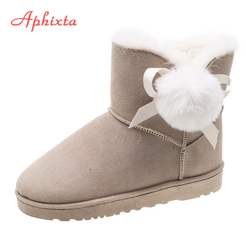 Aphixta/зимние сапоги; коллекция года; зимние сапоги; женские зимние сапоги с бантом на меху; теплые плюшевые женские сапоги без застежки на плоской подошве; Лидер продаж