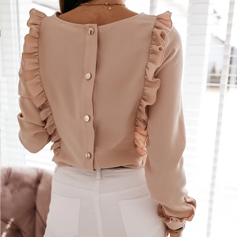 Women Ruffles White Back Buttons OL Blouse O-Neck Long Sleeve Solid Tops Female 2020 Spring Autumn Fashion Casual Blouses Ladies Women Ruffles White Back Buttons OL Blouse O-Neck Long Sleeve Solid Tops Female 2020 Spring Autumn Fashion Casual Blouses Ladies