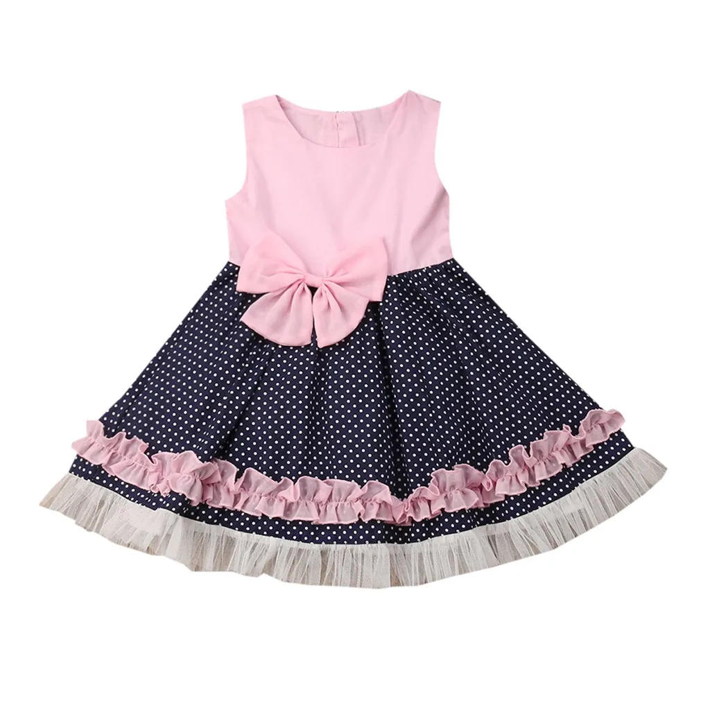 Детское платье для малышей платье-майка принцессы без рукавов с бантом и волнистым принтом для девочек модные платья для маленьких детей, одежда для девочек