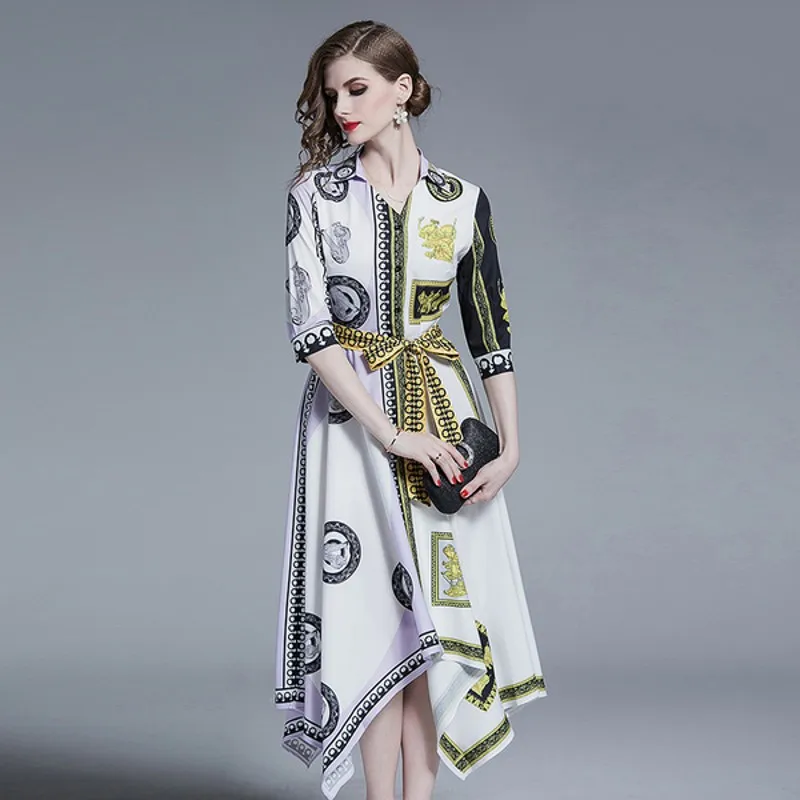 

Designer Runway Shirt Dress 2020 ummer Women Three Quarter v-neck Vintage irregular Flower Print Elegant Long Dress with belt