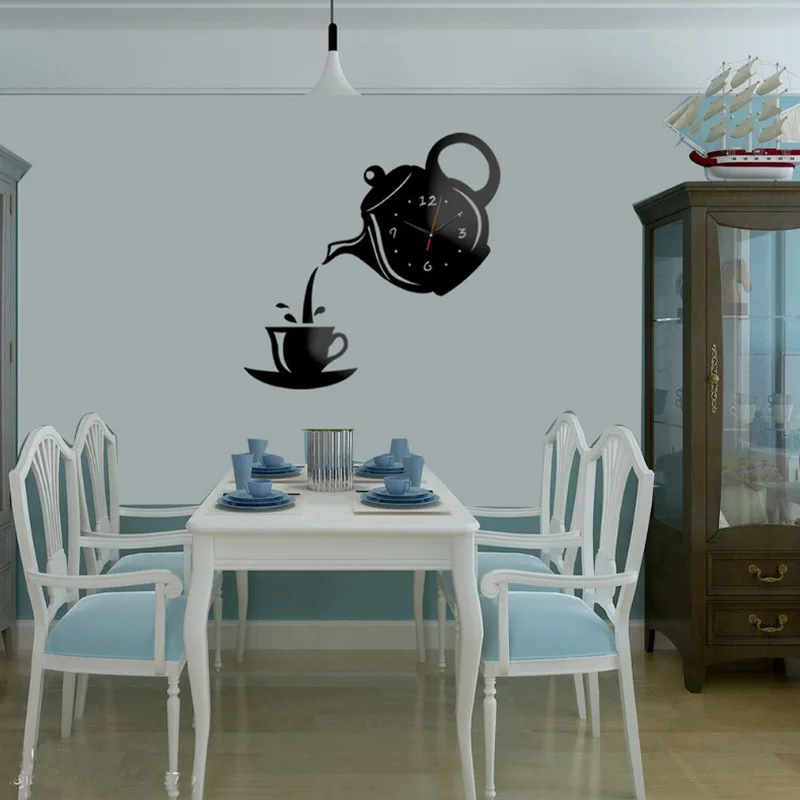 3D Wall Art Clock Stickers Acrylic Coffee Cup Teapot Self Adhesive Mirror DIY Wall Clock Kitchen Home Teahouse Decoration