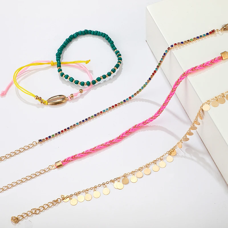 Docona Colorful Crystal Multilayer Anklets for Women Fashion Charming Gold Sequins Rope weaving Stone Beads Foot Jewelry 8069