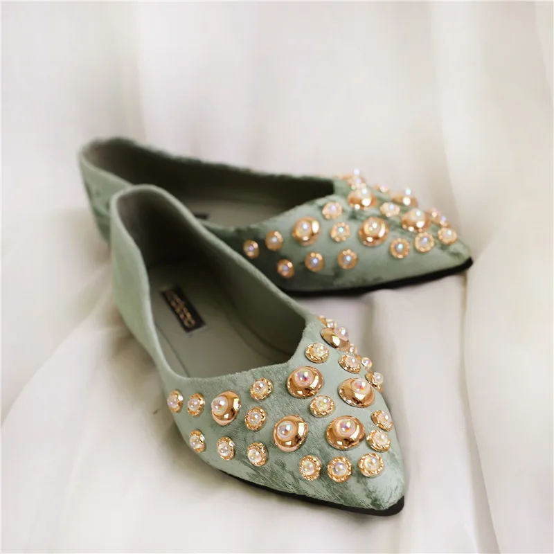 

2019 Autumn Fashion Shoes Women's Korean-style-Style Flat Keel Thin Shoes Shallow Mouth Pointed Low Top Microfiber Rhinestone Sh