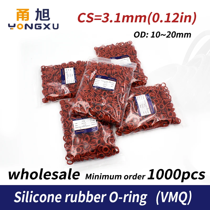 

1000PCS/lot Red Silicon wholesale VMQ 3.1mm Thickness OD10/11/12/13/14/15/16/17/18/19/20mm O Ring Seal Rubber Gasket Rings