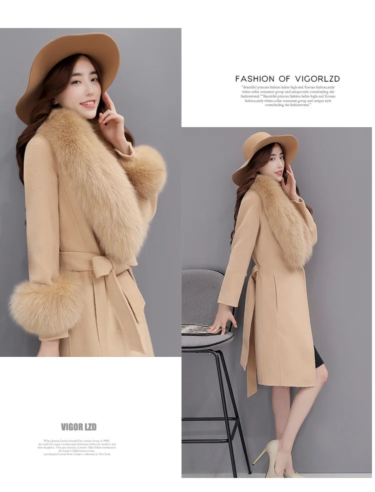 Зима, стиль, корейский стиль, женская одежда, воротник из лисьего меха, приталенное шерстяное пальто средней длины, Женская шерстяная куртка