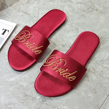 

Unique Embroidery Satin Bridesmaid gift Bride Slippers for wedding hen bachelorette party gifts 1pairs free shippings