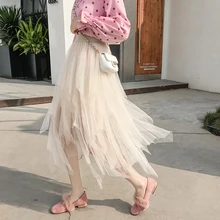 Весенняя и летняя новая стильная корейская мода темпераментная сетчатая юбка средней длины Асимметричная юбка-пачка