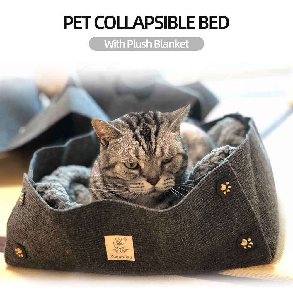 Comfortable Durable Cat Bed Nest Collapsible Cat Bed with Plush Blanket for Cats Dogs Rabbits Pets 40* 40* 15cm
