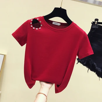 

Fashion Green T-shirt Women Short Sleeved Tshirt 2020 Summer New Wear Slim Fit Tops Holes Short T-shirts Solid Casual Tees Tops