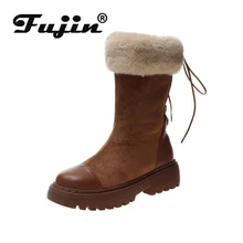 Fujin/зимние сапоги; зимние женские ботильоны на плоской подошве из короткого плюша и флока; Модные ботильоны на среднем квадратном каблуке с перекрестной шнуровкой; смешанные цвета