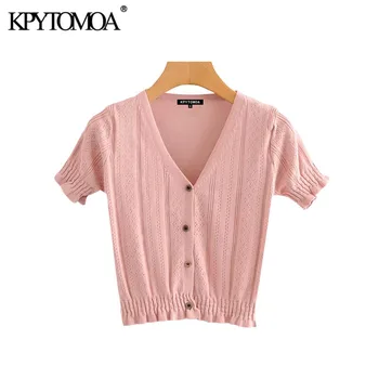 

KPYTOMOA Women 2020 Sweet Fashion Ruffles Cropped Knitted Cardigan Sweater Vintage V Neck Short Sleeve Female Outwear Chic Tops