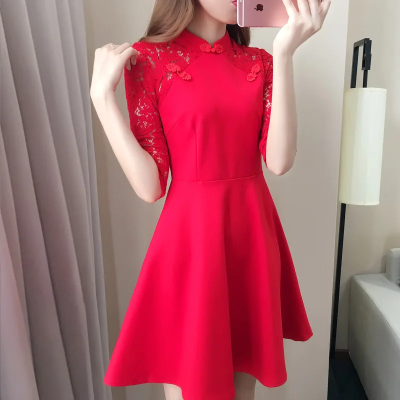 

Early Autumn New Style WOMEN'S Dress 2018 Bright Red Dress for Toast Slimming Huimen Formal Dress Lace Red Skirt High-waisted