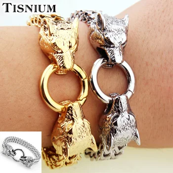 

Tisnium 12mm Wolf Head Men's Bracelet Cuban Link Chain Halloween Male Gifts Gold Silver Color Stainless Steel Jewelry Wholesale