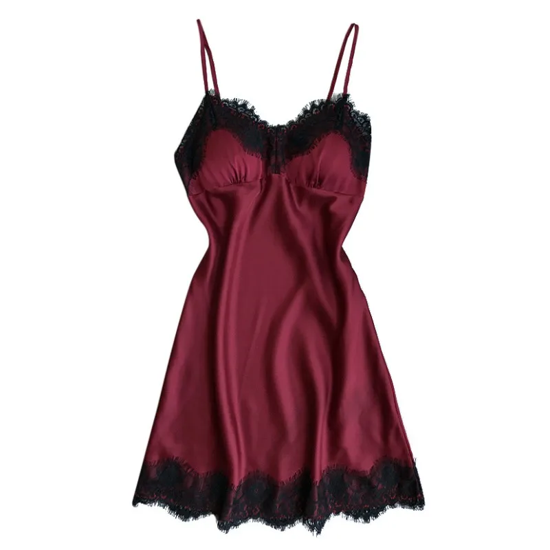 Новое сексуальное женское белье, шелковая ночная рубашка, летнее платье, кружевное Ночное платье, ночная рубашка, ночная сорочка, атласная Домашняя одежда, ночная рубашка - Цвет: Wine
