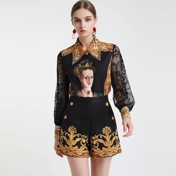 

2020 New Design Women Pants Sets Lace Mesh Patchwork Print Retro Turn Down Collar Tops Shirt Zipper Black Short Pants Suit