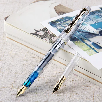 

2020 New Arrivel Wingsung 659 Resin Fountain Pen Transparent and Gold Clip Ink Pens with 0.38mm 0.5mm Double Nib for Gift Set