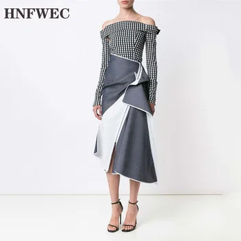 

High Waist Contrast Color Spliced Pleated Asymmetric Half-body Skirt Blue Women Fashion Tide New Spring Autumn 2020 V106
