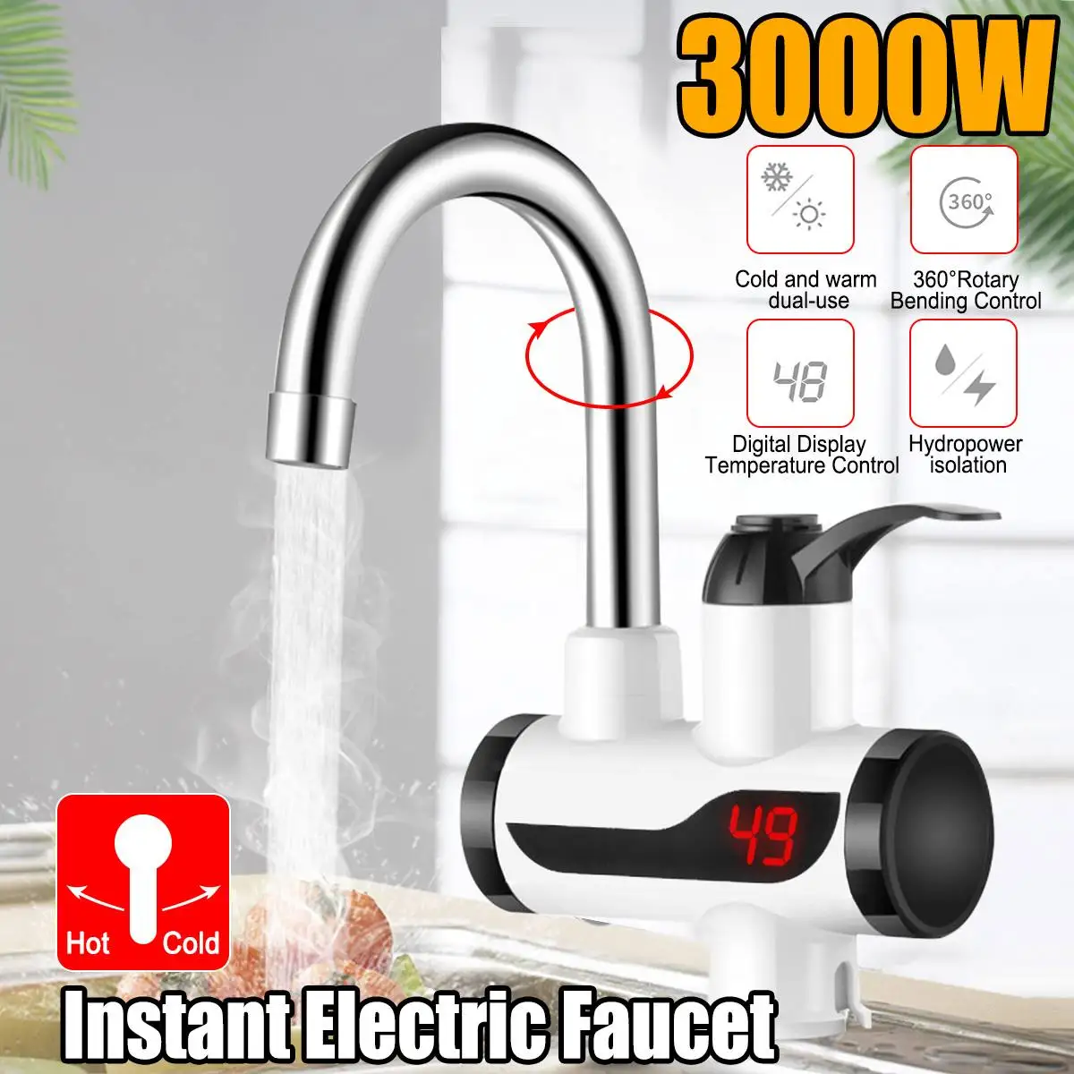 

3000W Under/Lateral Inflow Instant Electric Faucet Tap Hot Water Heater LED Display Bathroom Kitchen Faucet Tap Hot Water Heater