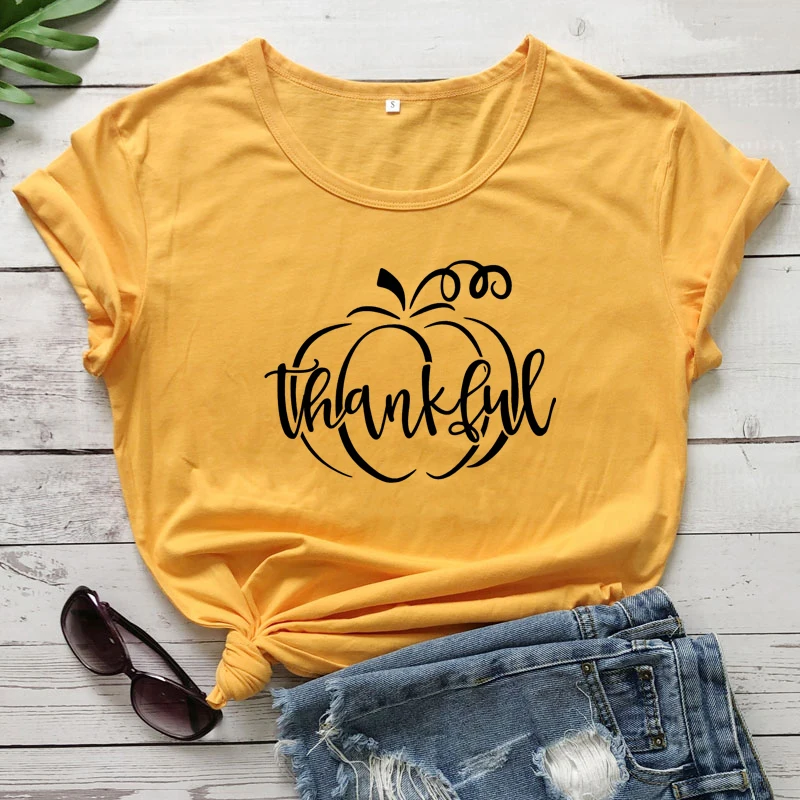 

Autumn Thankful Pumpkin T-Shirt Fashion Women Thanksgiving Graphic Tee Shirt Top Unisex O-Neck Grateful Thankful Blessed Tshirt