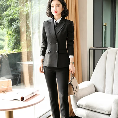 Black Pant Suits Женский синий и черный костюм для работы, деловой костюм, брючный костюм для офисной леди, двойной комплект с вырезом, костюм, комплект из 2 предметов, блейзеры, куртки и штаны - Color: Black Pant Suits