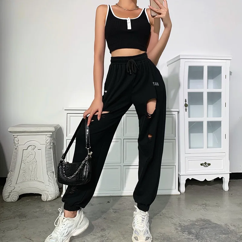 pants Elastic waist casual pants female 2020 summer new personality broken letter printing high waist drape fashion beam pants capris women