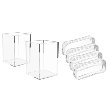 

2 Pcs Acrylic Pen Holder Clear Desktop Pencil Organizer & 4 Pcs Zipper Pen Pencil Case,Pencil Bag Makeup Pouch