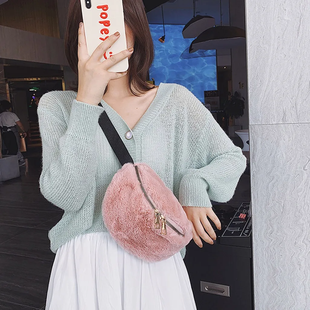 

Women Plush Rabbit Chest Pack Crossbody Bags For Women 2019 Soft plush Chest Bag Casual Winter Fur Waist Bags bolsa feminina