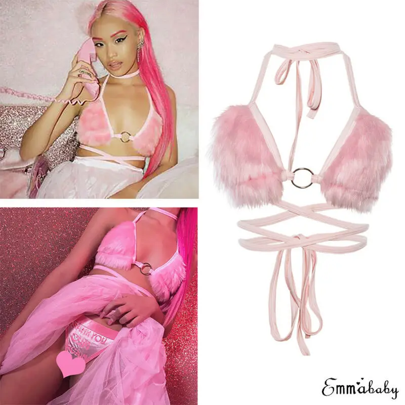 Sexy Women Fur Soft Plush Fleece Bras Pink Black Halter Crop Tops Ladies Underwear Bras Short Top women bra erotic lingerie