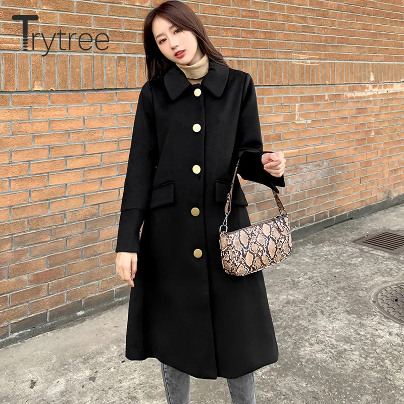 Ttytree Осень Зима Женское повседневное пальто с отложным воротником однобортное с карманами на пуговицах модное однотонное черное Свободное длинное пальто
